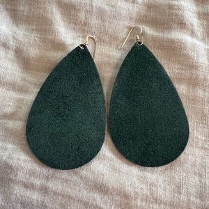 Nickel and suede earrings, large suede teardrops, dark green